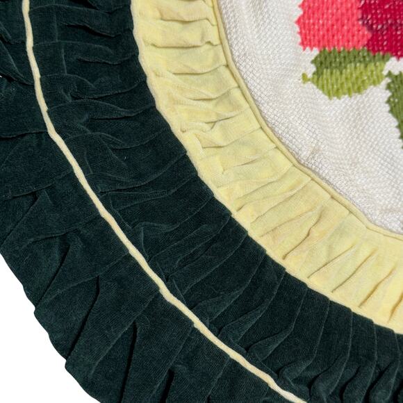 Floral Needlepoint Pillows 2 Round Ruffle Green Velvet Decorative MCM Granny 20" - Picture 4 of 12